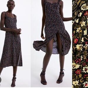 Zara micro Floral print Midi slip Dress viscose black green silky M